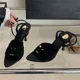 Eilyken Summer Fashion Thin Heels Pleated Hollow Out Buckle Strap Women Sandals Pointed Toe Banquet Party Female Shoes  6CM 9CM