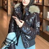 Russian Winter Warm Faux Fur Hooded Quilted Puffer Jacket Women Y2K Retro Padded Short Coat Casual Parka Glossy Outerwear куртка