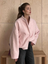 Talenza Women's Pink Short Fur Jacket Autumn Loose Fashion Long Sleeve Jacket Top Casual Stand Collar Pocket Button Warm Jacket