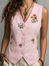 Spring Summer Autumn Linen Gilet with Unique Random Embroidery, Elegant Versatile Commuter Outer‑wear Vest