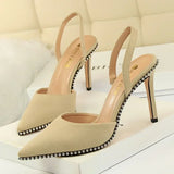 Branded Rivet Studded Beaded Design Sandals Women Summer Sexy Pointed Toe Thin High Heels Elegant Wedding Slide Pumps for Ladies