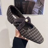 Elegant Chunky Heel Mary Jane Shoe for Women Bowknot Pearls Decoration Plaid Print Design Autumn Pumps Fashion Party Dress Heels