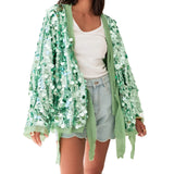 Shiny Sequin Cardigan for Women Trendy V Neck Front Wrap Tie Long Sleeve Coat Ladies Fashionable Sparkling Pullover Tops Punk