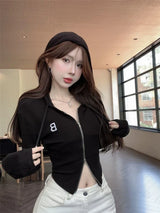 Y2k American Vintage Zip Up Hoodies 2000s Long Sleeve Subculture Hooded Sweatshirt Hot Girl Letter Short Slim Autumn Coat Chic