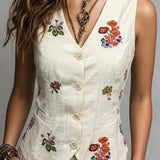 Spring Summer Autumn Linen Gilet with Unique Random Embroidery, Elegant Versatile Commuter Outer‑wear Vest