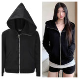 American Vintage Hooded Long Sleeve Jacket Women Autumn Winter Casual Slim Cardigan Top Harajuku Solid Y2k Zipper Clothes 2025
