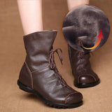 Genuine Leather Plush women's short Boots Retro Casual Autumn Winter Women Boots Waterproof warm Snow boots Plus Size 42