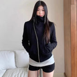 American Vintage Hooded Long Sleeve Jacket Women Autumn Winter Casual Slim Cardigan Top Harajuku Solid Y2k Zipper Clothes 2025