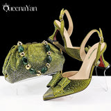 Queena Yan Newest Full of Rhinestone Design Olive Color Lady Sheos and Metal Bead-Embellished Handbag Set for Parrt Wedding