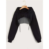 Street Sport Drop Shoulder Drawstring Hollow Out Super Crop Sports Hoodie Without Cami Top