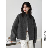 CHIC VEN Women Short Woolen Coat New Stand Up Twill Texture Single Breasted Ladies Jacket Retro Woman Outwear Autumn Winter 2025