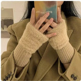 Soft Winter Half Finger Gloves Women Warm Luxury Solid White Plush Knitted Fingerless Gloves Wrist Mitten Writing Winter Gloves