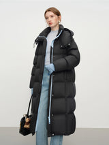 FSLE 2025 Winter New Women's Long Puffer Down Coat with Hood Two-Tone Color Block Thermal Insulated Jacket Heavy Warm Outerwear