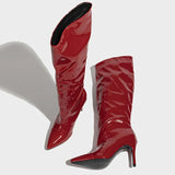 Liyke Fashion Runway Pleated Patent Leather Boots Female Pointed Toe Stiletto Heels Pumps Autumn Winter Knee High Shoes Women