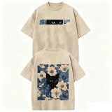Vintage Washed Black Cat Floral T Shirt Double Sided Print Streetwear Casual Tee