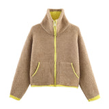 2025 Winter New Product Women's Lazy Style Loose Contrasting Color Decorative Layer Knitted Pilot Jacket Coat