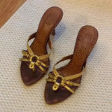 Women's Open-Toe Woven Cross Band Sandals Summer 2026 New Outdoor Wear Middle-aged Vintage Thin Heel Pointed Toe High Heels