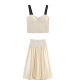 Summer minimalist style V-neck slim fit structured knit short sleeved knitted jacket with suspender short top and half skirt