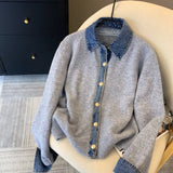 Chic Denim Collar Stitching Fake Two-piece Sweater Women's Cardigan New Single Breasted Knitted Jacket Coat Female Outwear