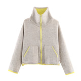 2025 Winter New Product Women's Lazy Style Loose Contrasting Color Decorative Layer Knitted Pilot Jacket Coat