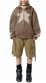 Y2K Vintage Star Print Hooded Hoodie for Women Casual Loose Long Sleeve Zip Up Drawstring Sweatshirts Autumn Spring Coat Street