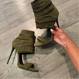 Dark Emerald Green Suede Ankle Wrap Sandals Women Open Stiletto Heel Round Toe Hot Chick Heels Metal Zip Cool Street Style Shoes