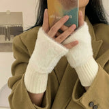 Soft Winter Half Finger Gloves Women Warm Luxury Solid White Plush Knitted Fingerless Gloves Wrist Mitten Writing Winter Gloves