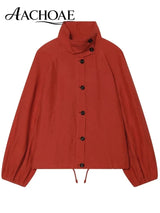 AACHOAE Women High Neck Lightweight Jacket Casual Long Sleeve Windbreaker Coat Drawstring Hem Button Front Short Outerwear