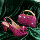 Elegant Italian Women’s Fuchsia Rhinestone Peep-Toe High Heel Sandals and Matching Bag Set – Perfect for Weddings and Parties