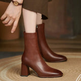 2024 Autumn and Winter New Fashion Square Head Retro High Thick Heel Side Zipper Skinny Short Boots Women's All-match Nude Boots