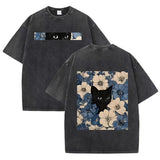 Vintage Washed Black Cat Floral T Shirt Double Sided Print Streetwear Casual Tee