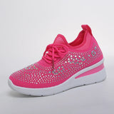 Women's Rhinestone Embellished Knit Mesh Wedge Sneakers, Adjustable Lace-Up Closure, Daily Walking Casual Footwear
