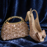Elegant Italian Women’s Fuchsia Rhinestone Peep-Toe High Heel Sandals and Matching Bag Set – Perfect for Weddings and Parties