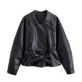 HH Women Fashion Black Short Faux Leather Trench Coat Long Sleeve Lapel Jacket With Belt Vintage Lady Motorcycle Jacket Outwear