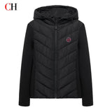 CH Womens Circular Chest Patch Badge Chevron Quilted Hooded Puffer Jacket Panel Sleeves Daily Commute Wear