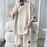 2026 3D Men's new Waffle TZ30 Summer Suit  Casual T-shirt + Shorts Suit Men's Tracksuit Solid color tracksuit loose suit