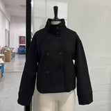 Fashion Short Woolen Coat For Women Stand Collar Full Sleeve Loose Zipper Jacket Female 2025 Spring Autumn Solid Lady Outwear