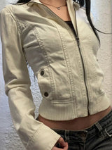 Vintage Cropped Jackets Women Harajuku Casual Slim Fit Zipper Coat Y2K Streetwear Long Sleeve Outerwear Autumn New Arrival