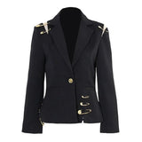VGH Chic Spliced Metal Pin Slimming Blazer for Women Notched Collar Long Sleeve Patchwork Mesh Hollow Out Fashion Jacket Female