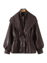 Ailegogo New Spring Autumn Women Vintage Loose Elastic Waist Zipper Black Faux Leather Jacket Outwear