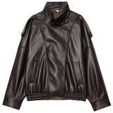 HXAO New Arrival Women's Bomber Jacket Leather Black Jackets Cropped Oversize Outerwears Zip-Up Long Sleeve Coats Outdoor Jacket
