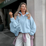 Women Autumn Winter Fleece Hoodies Elegant Stand Collar Zipper Loose Sweatshirt Elegant Solid Pullover Casual Top Streetwear