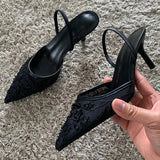 Sexy Pointed Toe Mesh Embroider High Heels for ladies Elegant String Bead pumps Summer Luxury Designer Shoe Brown Heeled Sandals