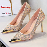 Shiny Crystal Apricot High Heels 9.5cm Women's Shoes Thin Heels Metal Pointed Ladies Pumps Shallow Slip On Stiletto Party Shoes