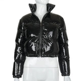 Fashion Cute Women Bright PU Pink Puffer Jacket Winter Warm Bubble Coats Shiny Leather Parkas Down Zipper Cropped Jackets Parkas