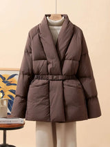 New Fashion Temperament Cotton Coat Women Winter Warm Solid Color V-neck Gathered Waist Jacket Coats Parkas with Belt