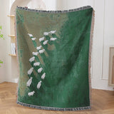 Textile City Sheep Herd Green Meadow Jacquard Woven Throw Blanket Whimsical Countryside Farm Animal Fringed Decor Sofa Blanket