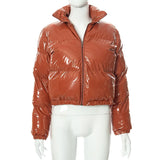 Fashion Cute Women Bright PU Pink Puffer Jacket Winter Warm Bubble Coats Shiny Leather Parkas Down Zipper Cropped Jackets Parkas