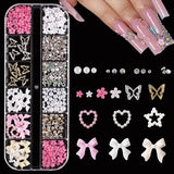 24-Piece 3D Y2K Millennial Nail Art Decoration Set, Assorted Rhinestones, Pearls, Butterfly, Heart & Flower DIY Nail Charms