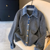 Chic Denim Collar Stitching Fake Two-piece Sweater Women's Cardigan New Single Breasted Knitted Jacket Coat Female Outwear